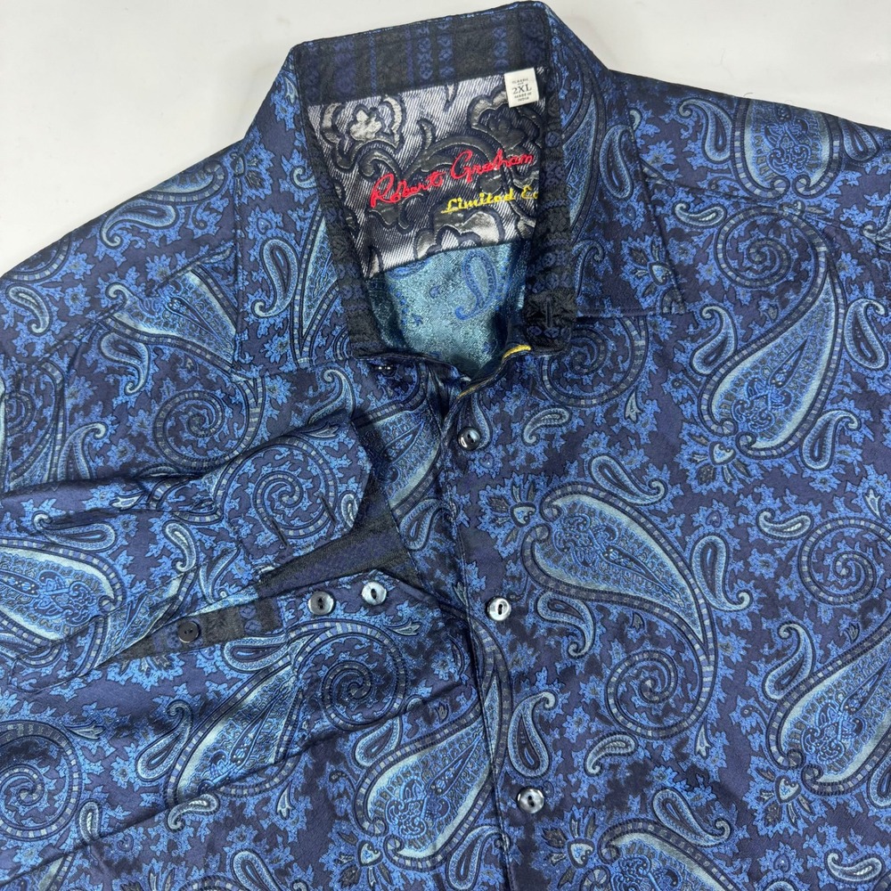 Robert Graham Limited Edition Silk Shirt Button‎ Down Mens 2XL Blue Paisley RARE